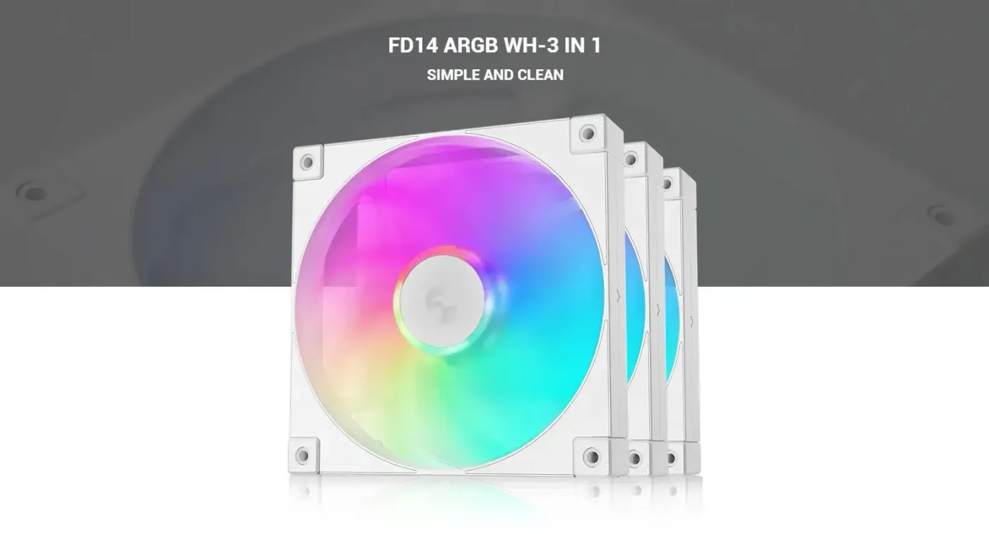 Deepcool FD14 ARGB 3-in-1 fan pack in elegant white showcasing triple-fan configuration