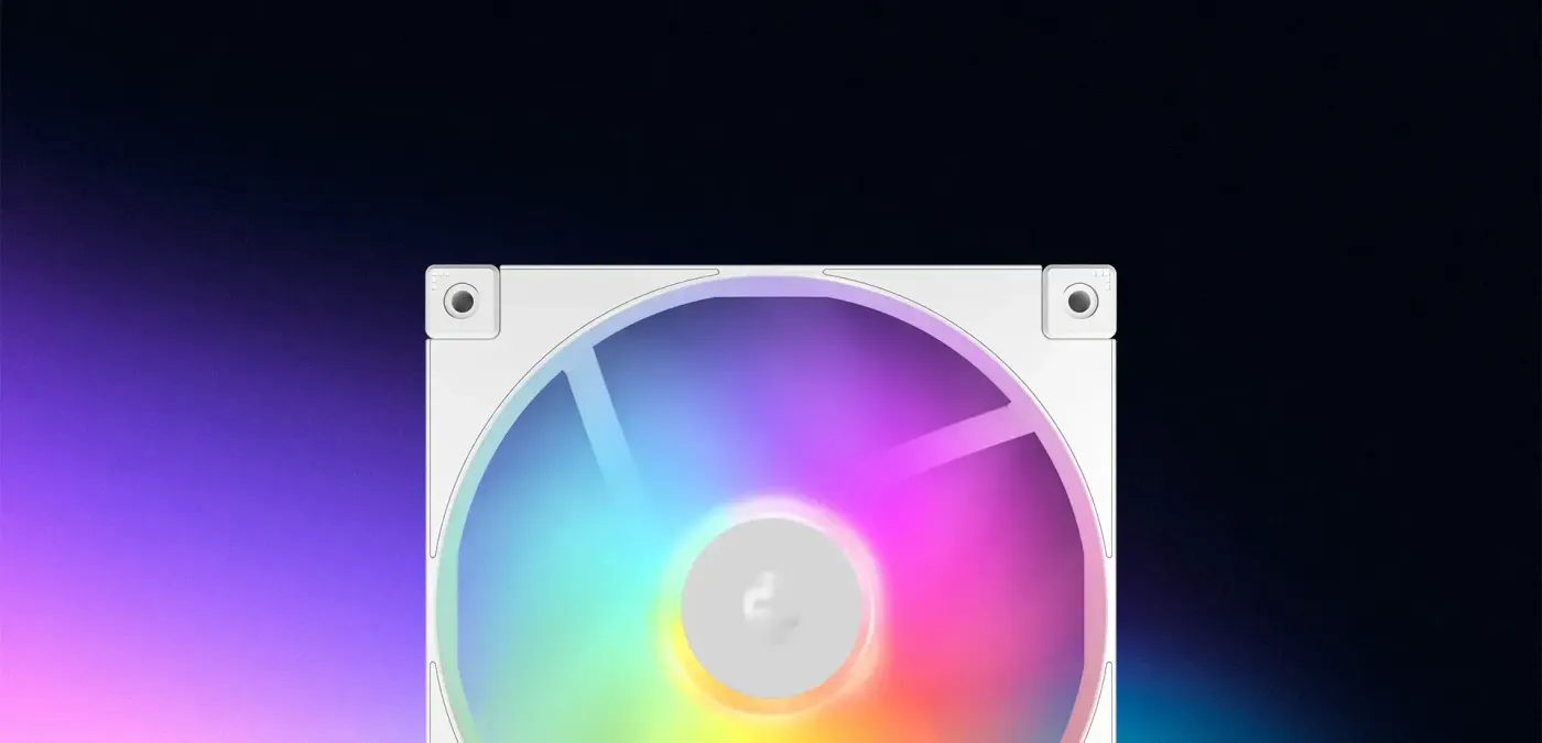 Deepcool FD14 ARGB fan hub illuminated with brilliant RGB lighting