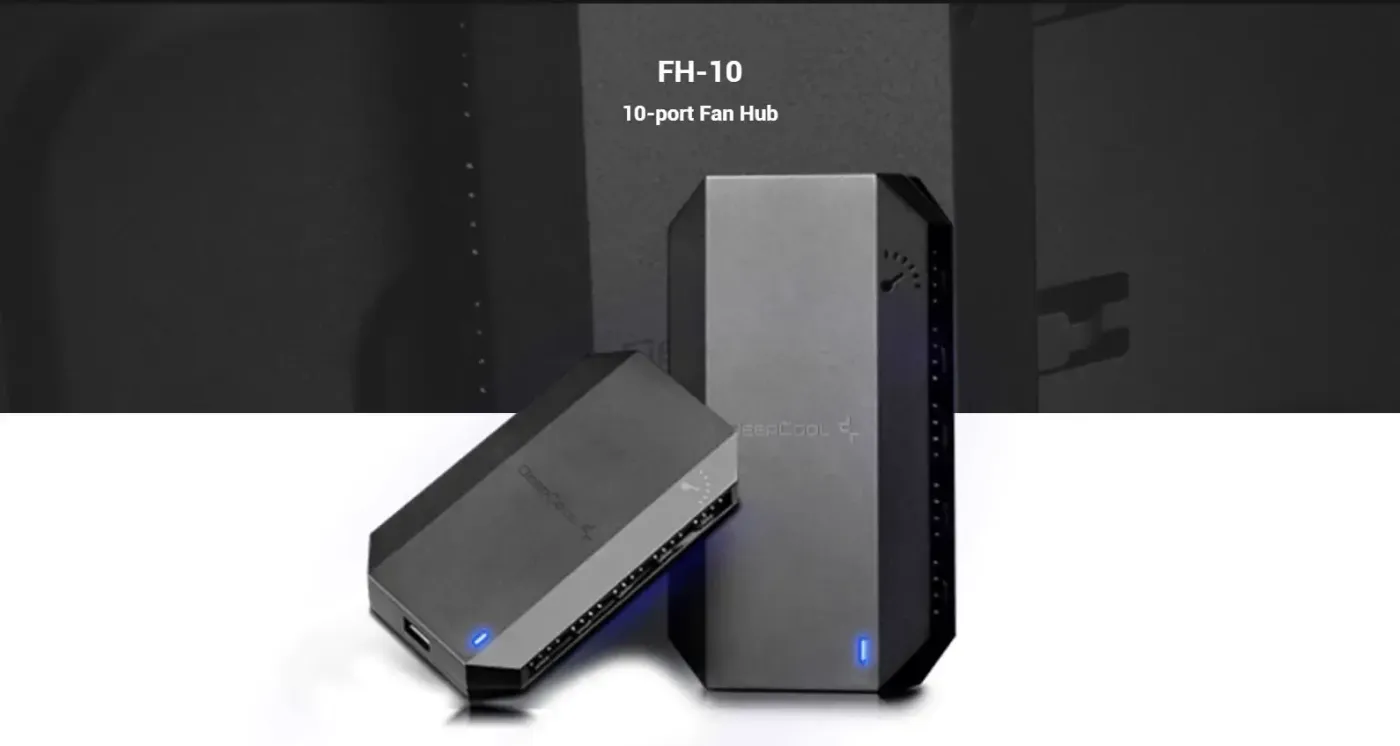 Deepcool FH-10 Fan Control Hub featuring 10-port capacity and blue LED indicator
