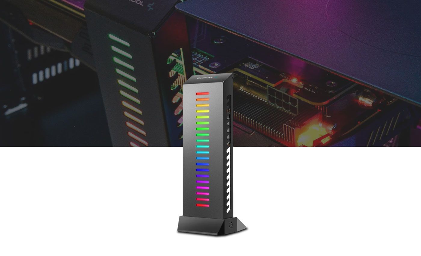 Deepcool GH-01 A-RGB adjustable graphics card holder standing upright with its lighting on
