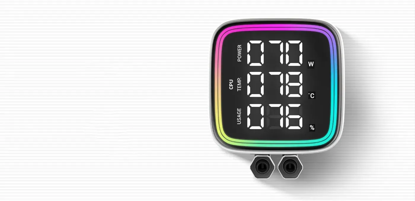 DeepCool LD360 integrated digital display showing real-time CPU statistics