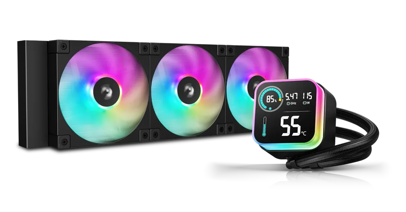 DeepCool LQ360 premium liquid CPU cooler showing 360mm radiator and ARGB fans