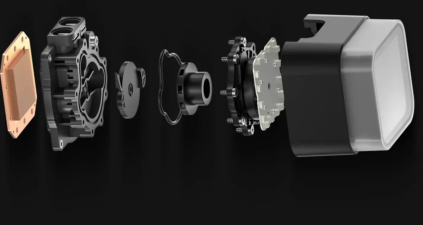 Internal structure view of the DeepCool LQ360 showing its 5th generation pump design