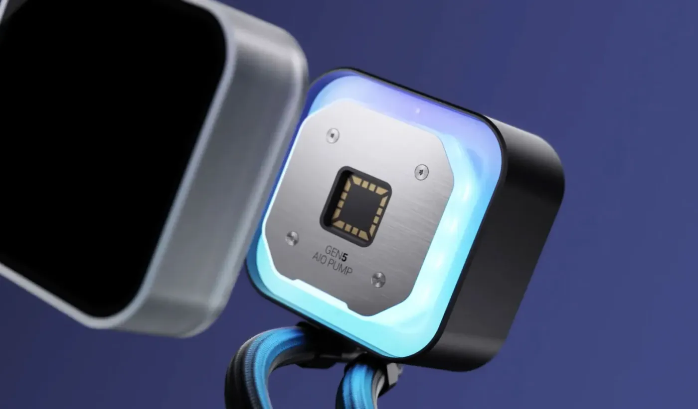 Close-up of the rotatable magnetic pump cover on the DeepCool LQ360