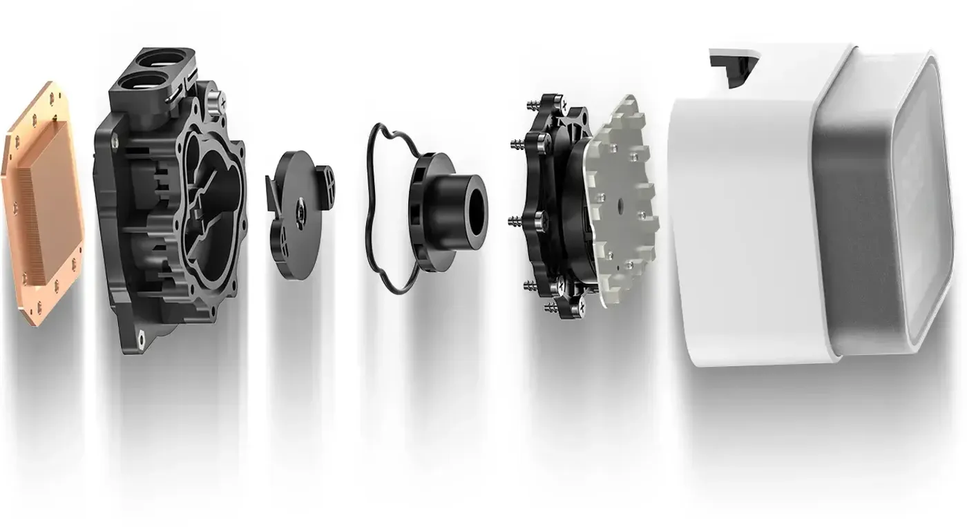 DeepCool LQ360 water pump assembly showing 5th generation motor technology