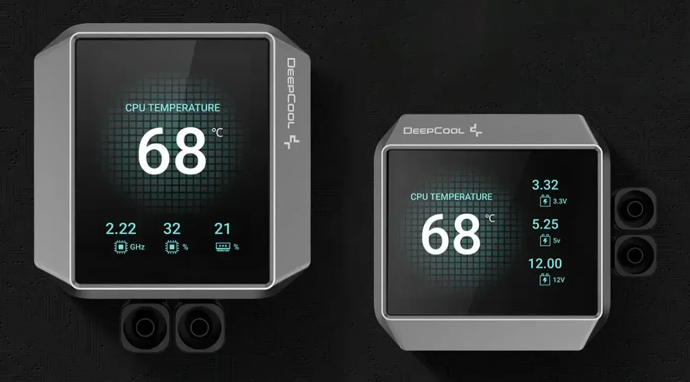 A sharp 2.8-inch customizable LCD display showcasing colorful system metrics on the pump head