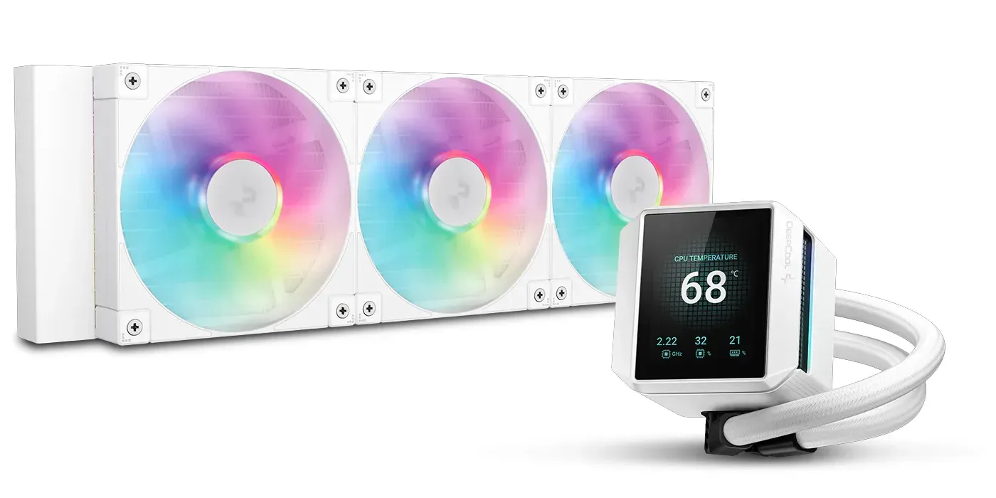 DeepCool MYSTIQUE 360 WH ARGB liquid cooler featuring three fans and white radiator
