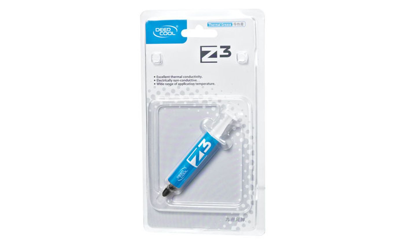 Deepcool Z3 thermal paste retail blister pack listing excellent thermal conductivity and electrically non-conductive