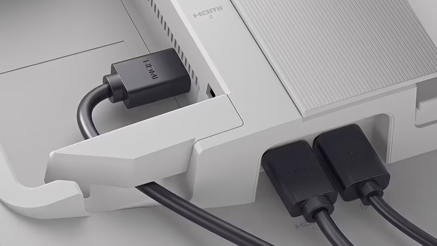 A close up of the back of the monitor, highlighting the side-access ports.