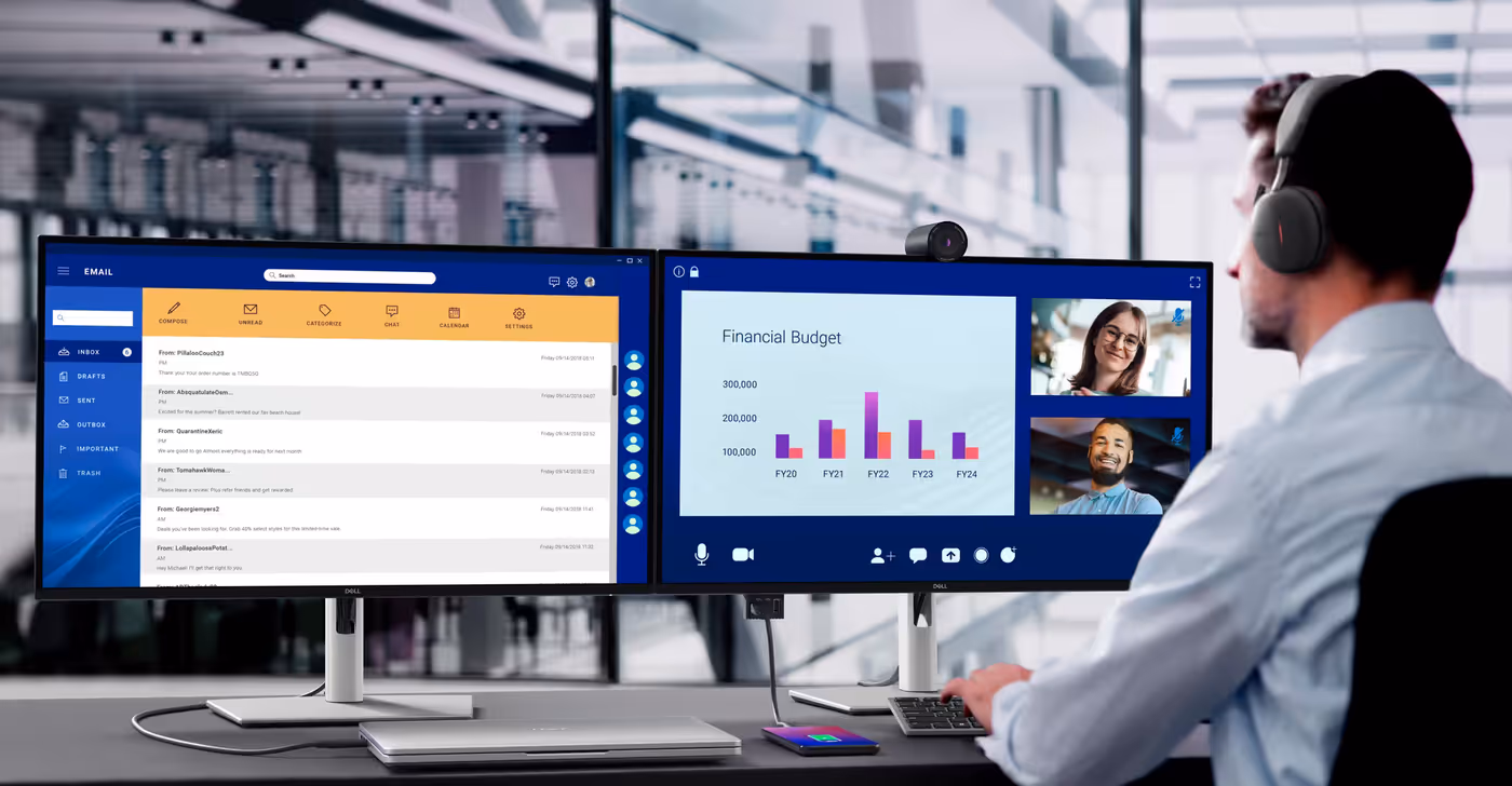 Dell Pro 27 Plus P2725DE on a desk, daisy-chained to a second Dell monitor over a single USB-C connection