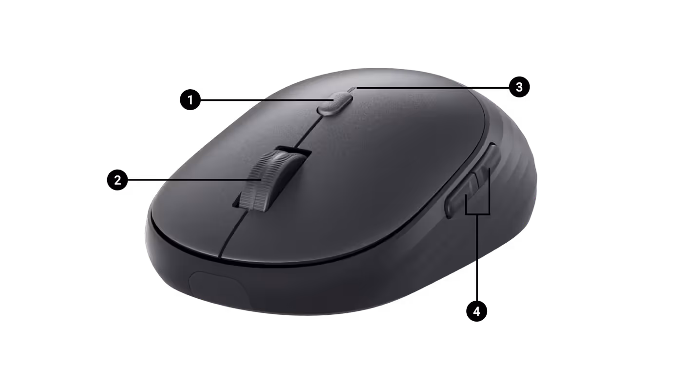 Top view of the Dell mouse showing programmable buttons and scroll wheel