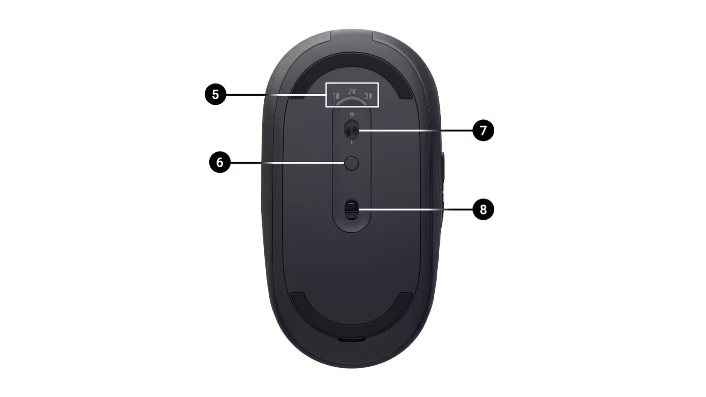 Underside view of the Dell mouse displaying connectivity and sensor controls