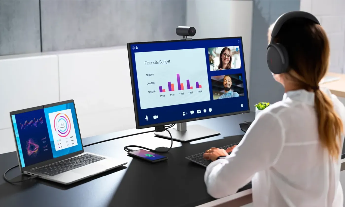 Dell Pro 27 Plus P2725QE monitor on a desk with its connectivity ports visible