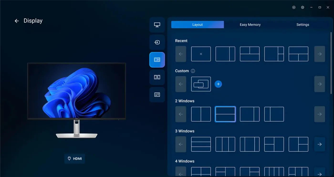 Dell Display and Peripheral Manager software arranging windows on the P2725QE