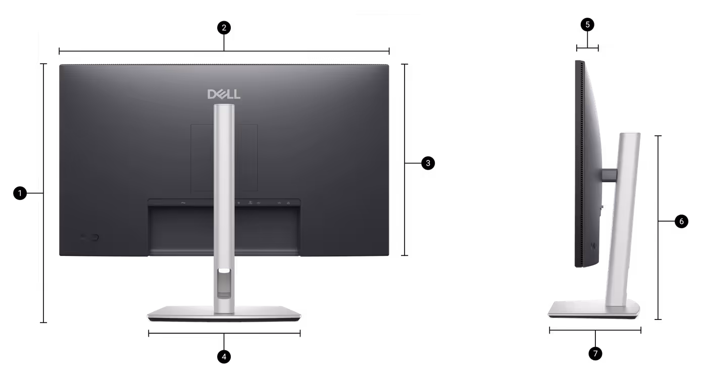 Dell Pro 32 Plus monitor with stand, detailed dimensions