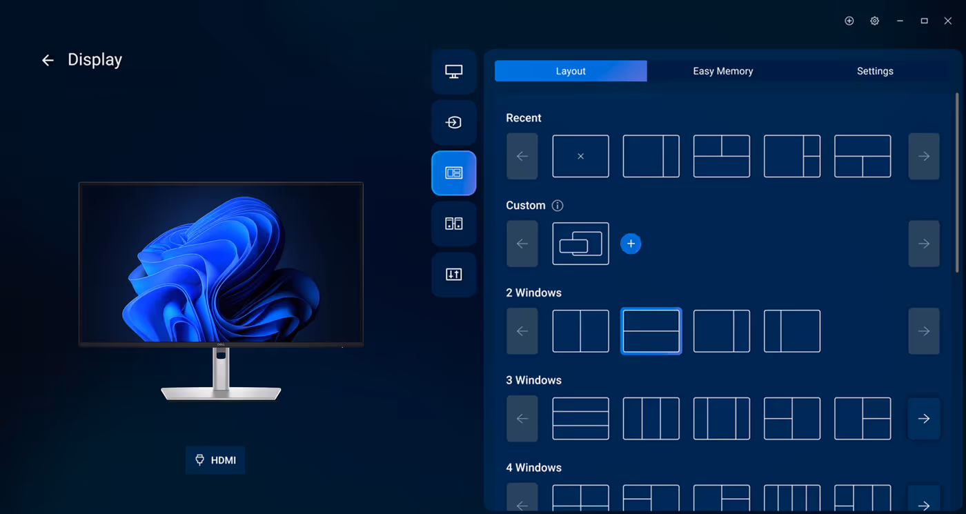 Dell Display and Peripheral Manager interface showing Easy Arrange and device controls