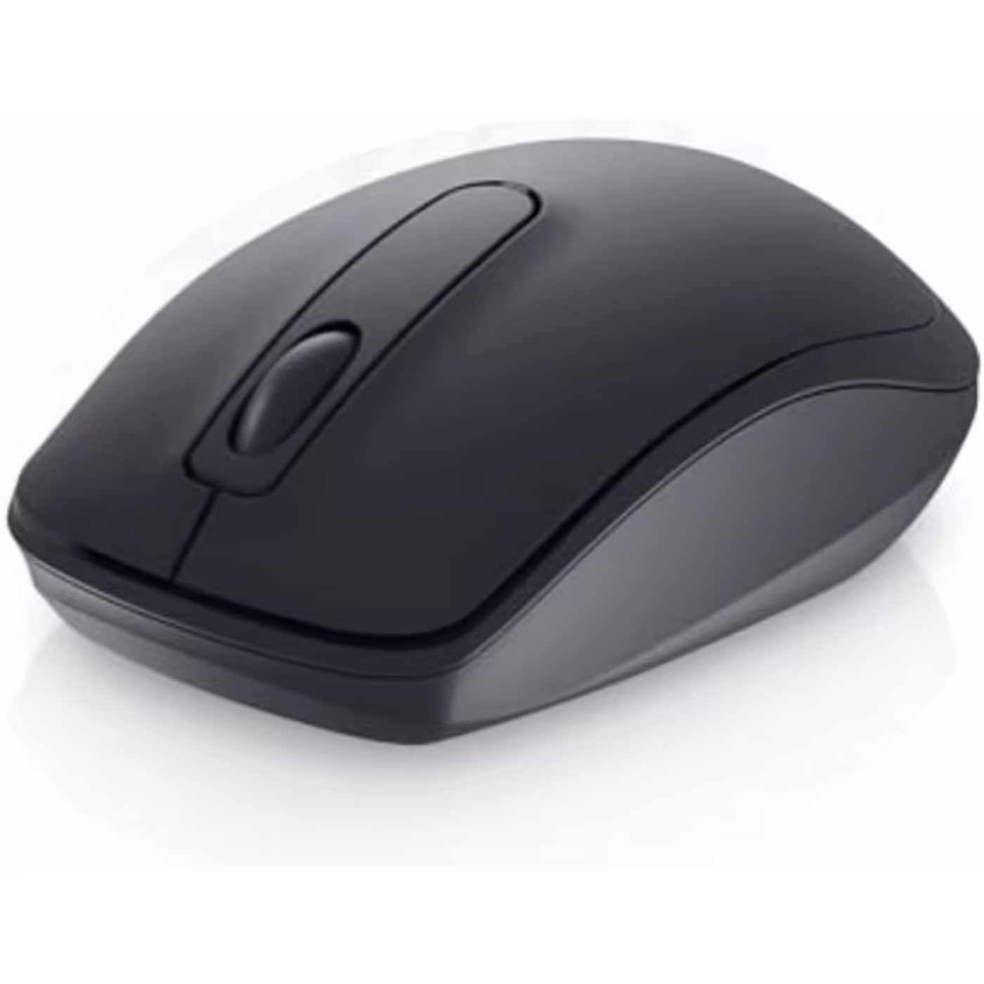 Dell WM118 wireless mouse in black from the front, showing the two buttons and the scroll wheel