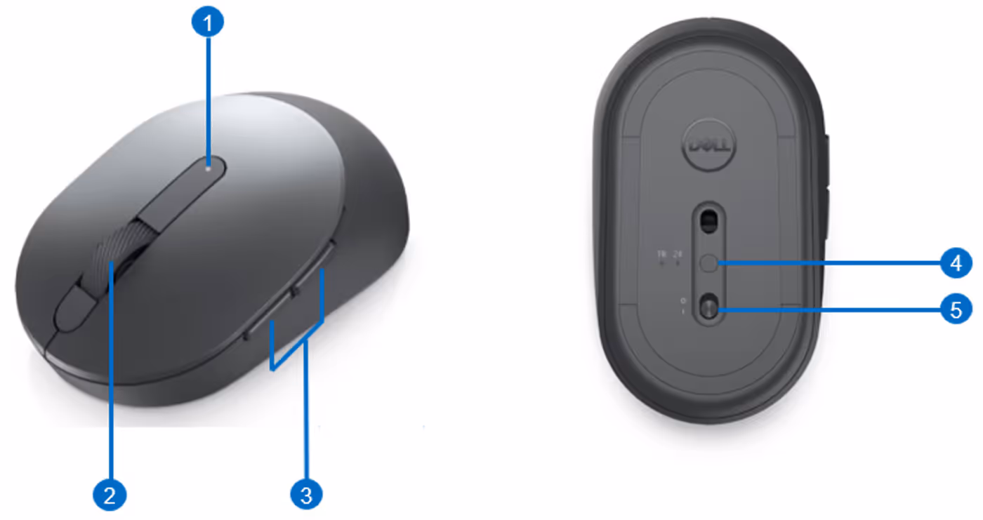 Diagram showing product features including battery indicator, scroll wheel, and programmable buttons