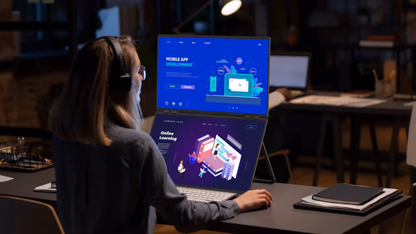 Ergonomic vertical dual-screen setup for improved comfort and productivity