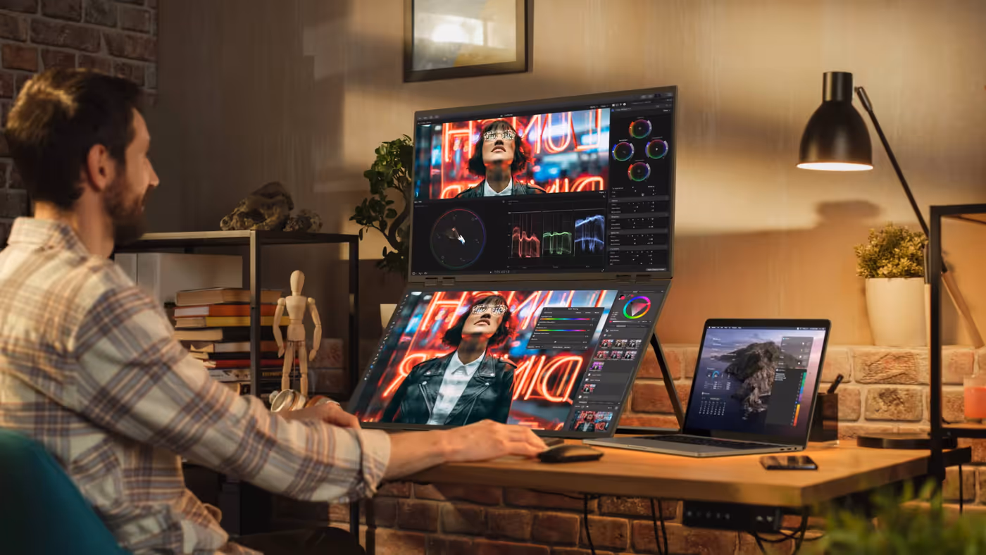 Delta Mega 23.8-inch stacked dual monitor system with integrated speakers