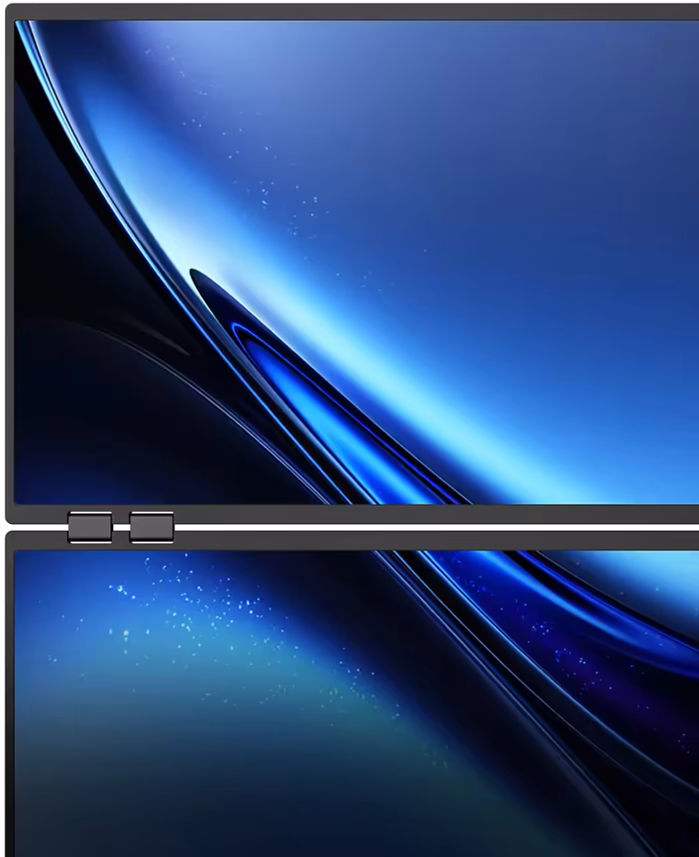 Side profile of Delta Mega dual screen monitor showing folding adjustment