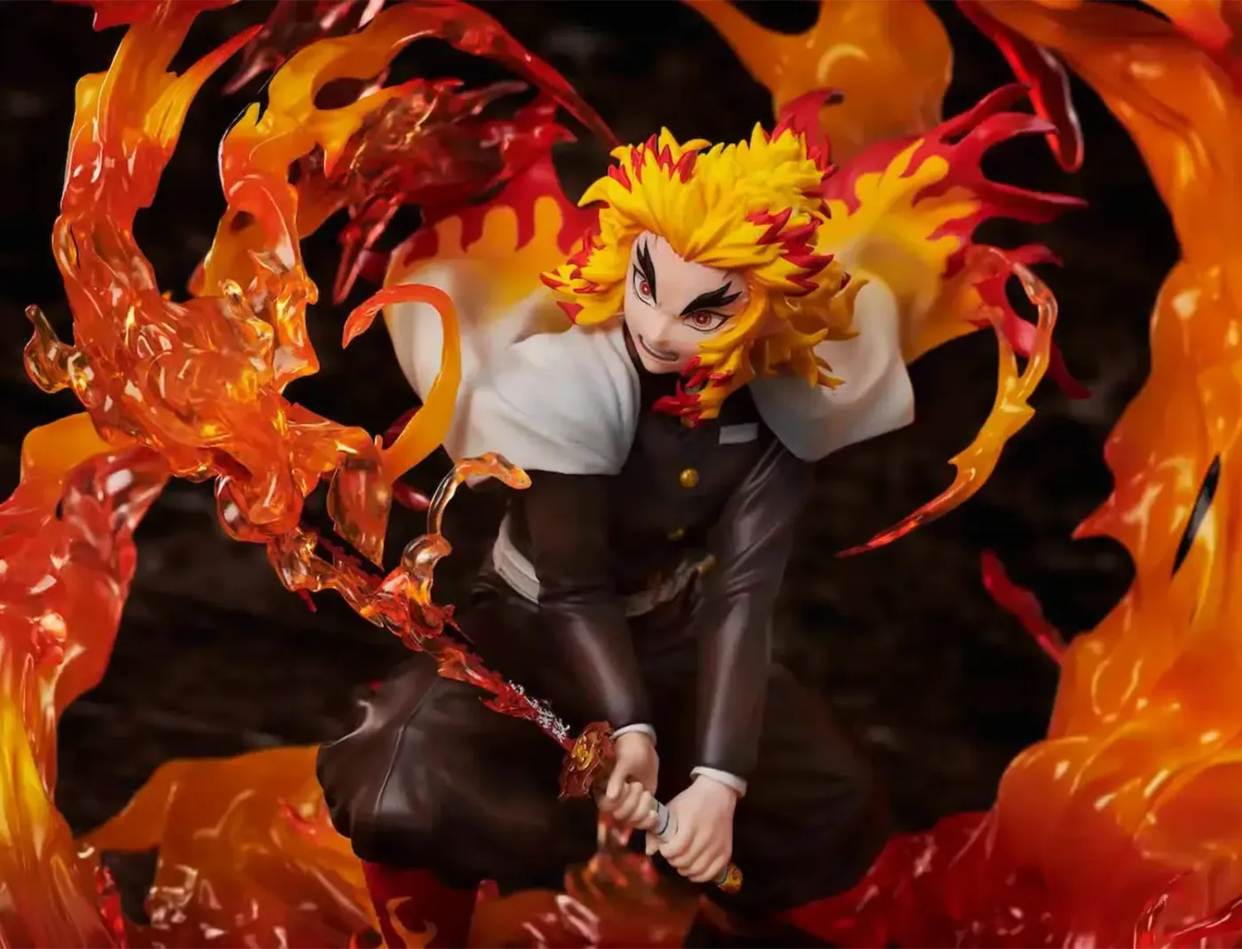Kyojuro Rengoku 1/8 scale figure shown mid-strike with flame effects