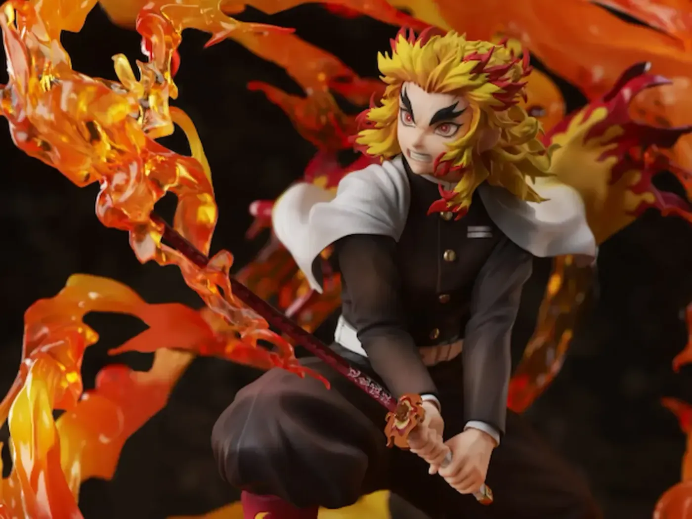 Rengoku figure posed in the Flame Breathing Esoteric Art Ninth Form stance