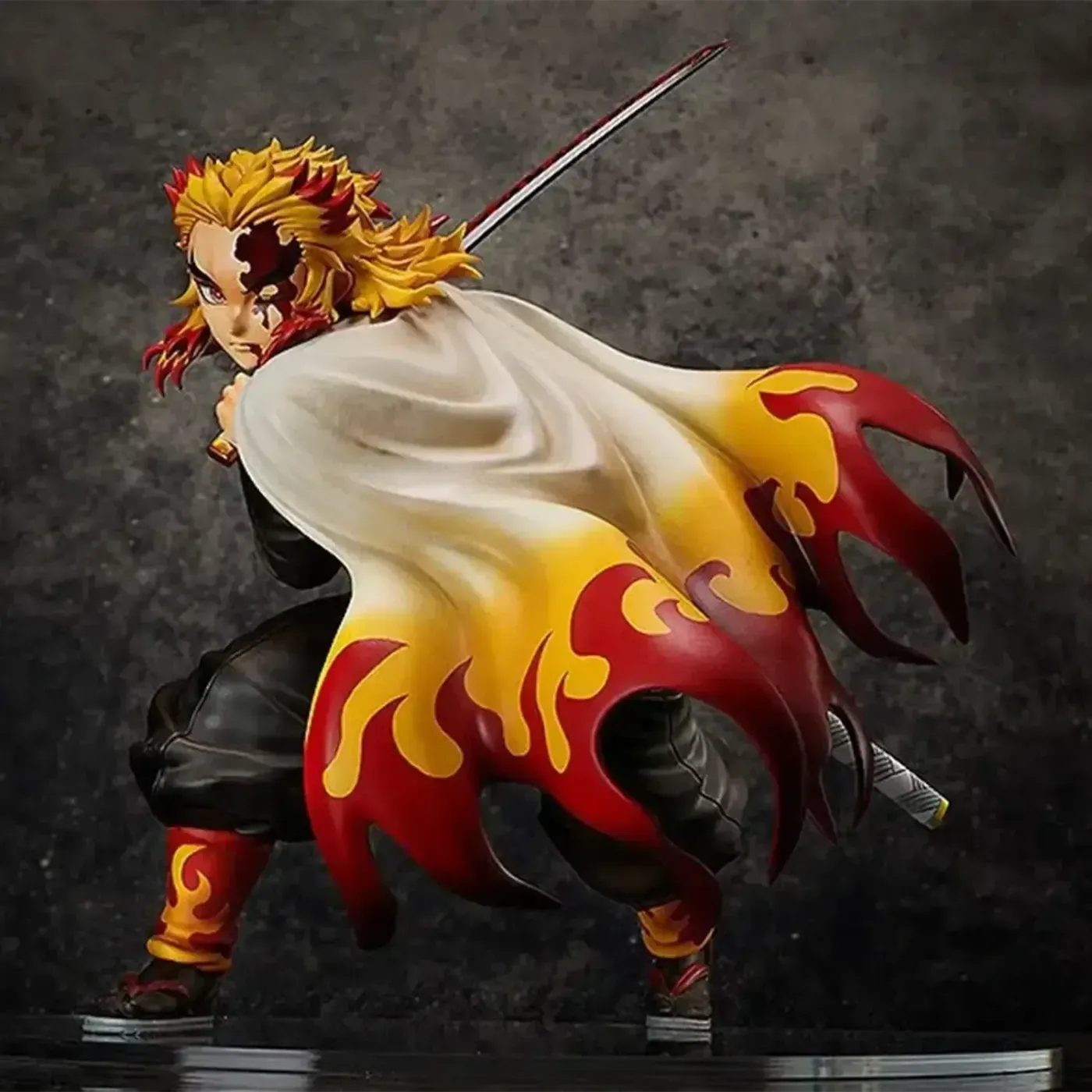 Kyojuro Rengoku figure caught mid-motion before his Flame Breathing attack