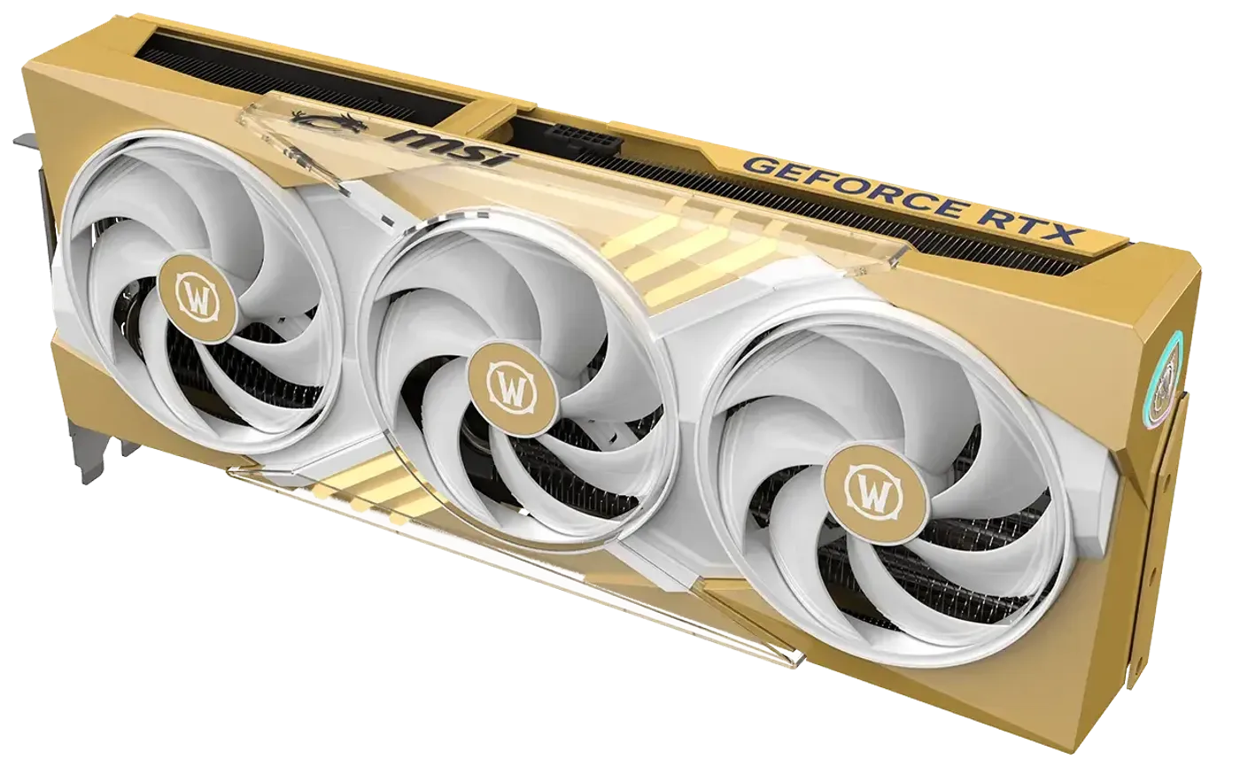 Front view of the MSI World of Warcraft Midnight Light Edition graphics card showcasing crystalline textures