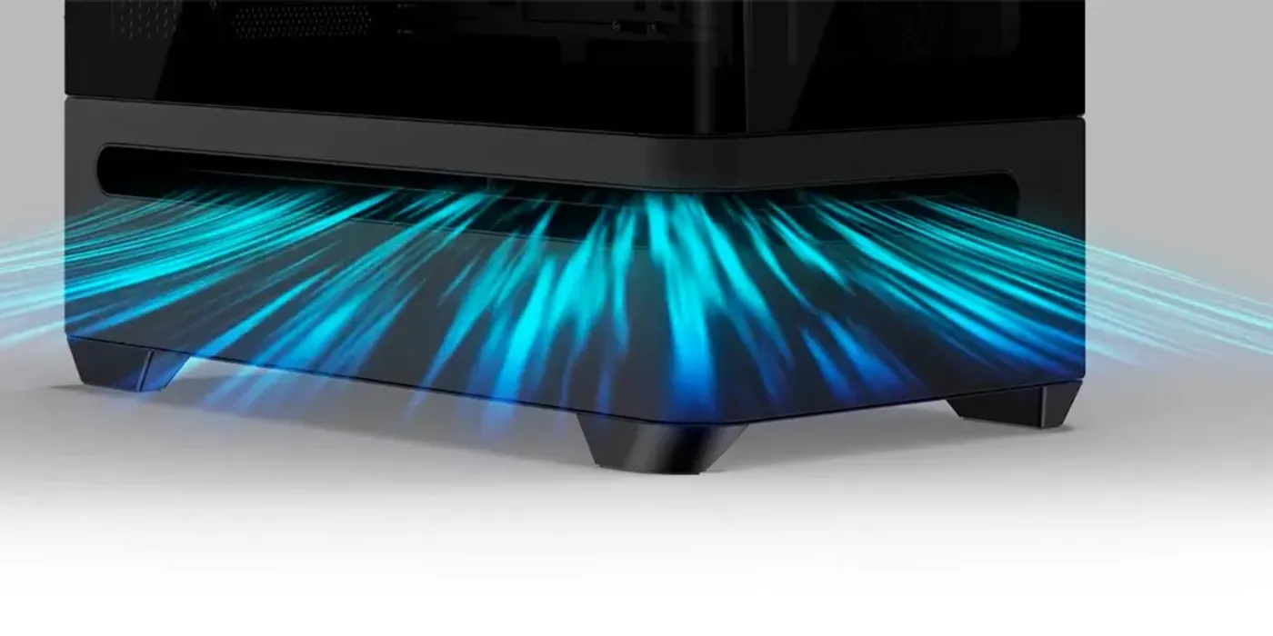 Case side showing patented slot vent for graphics card cooling