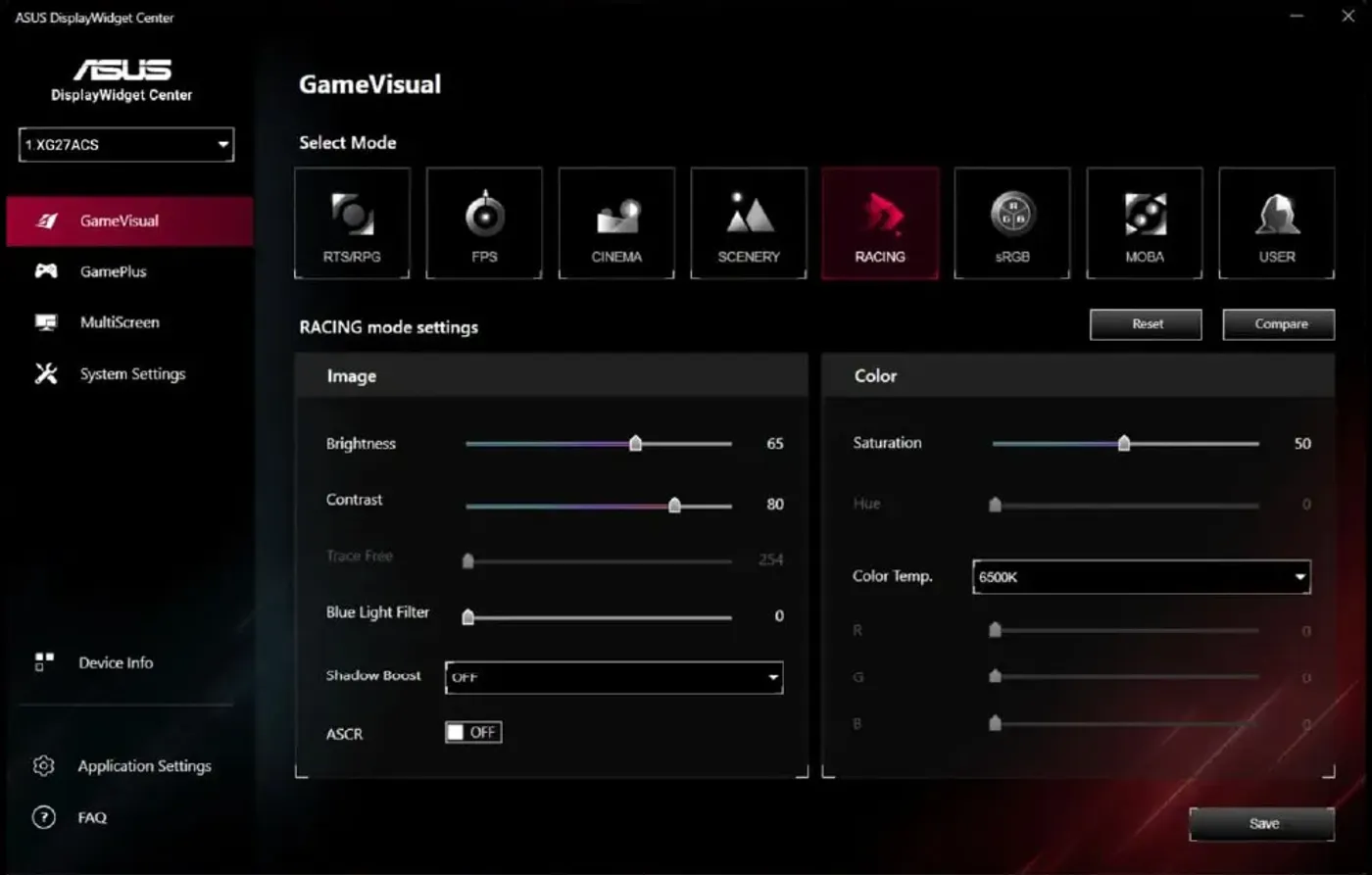 Screenshot of the new ASUS DisplayWidget Center UI showing system setting.