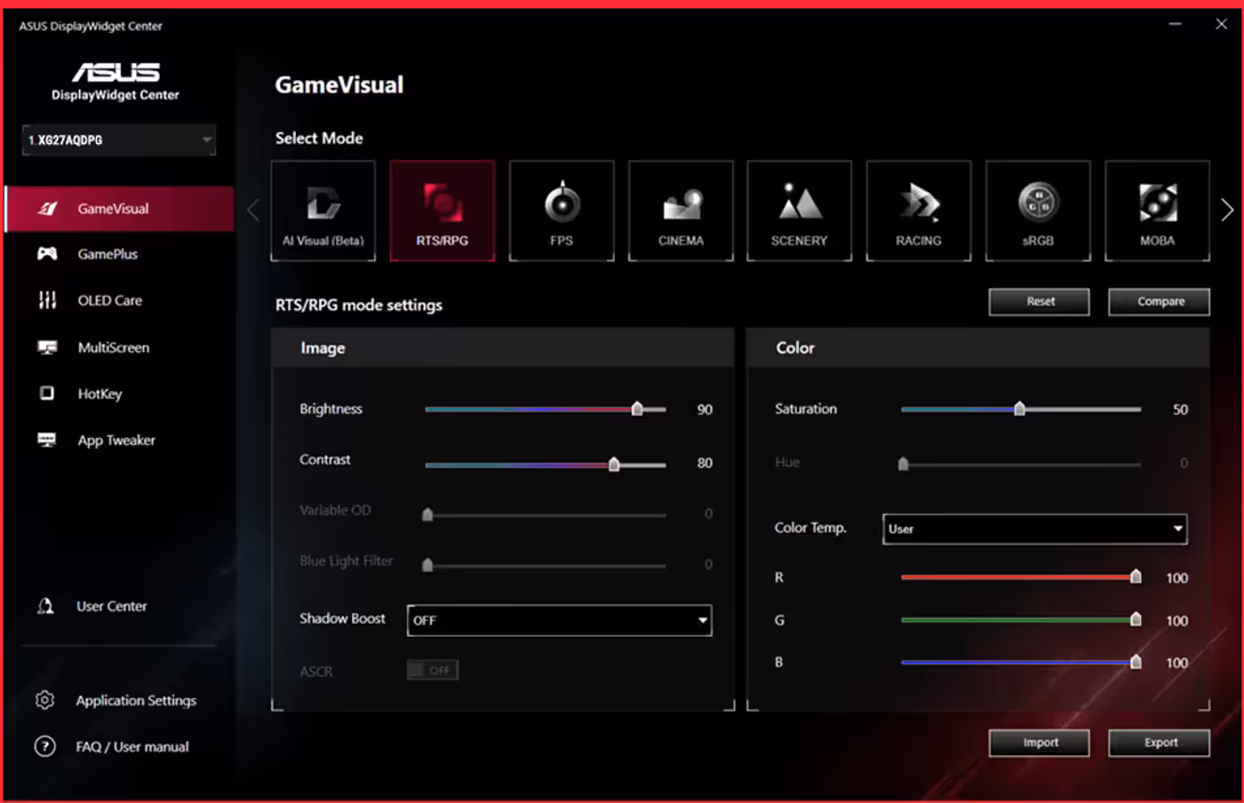 ASUS DisplayWidget Center interface showing OLED functions