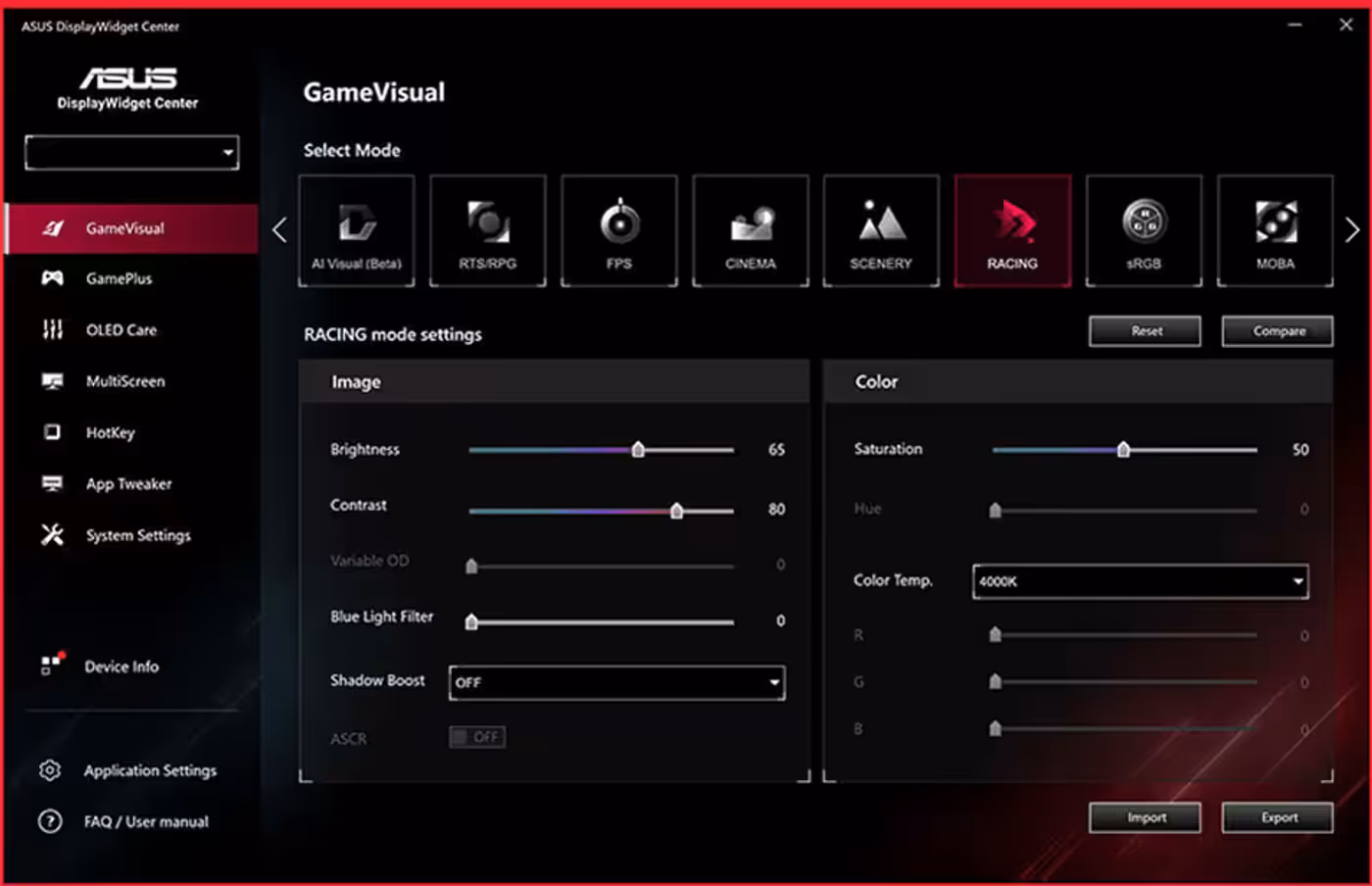 ASUS DisplayWidget Center interface showing monitor and OLED settings