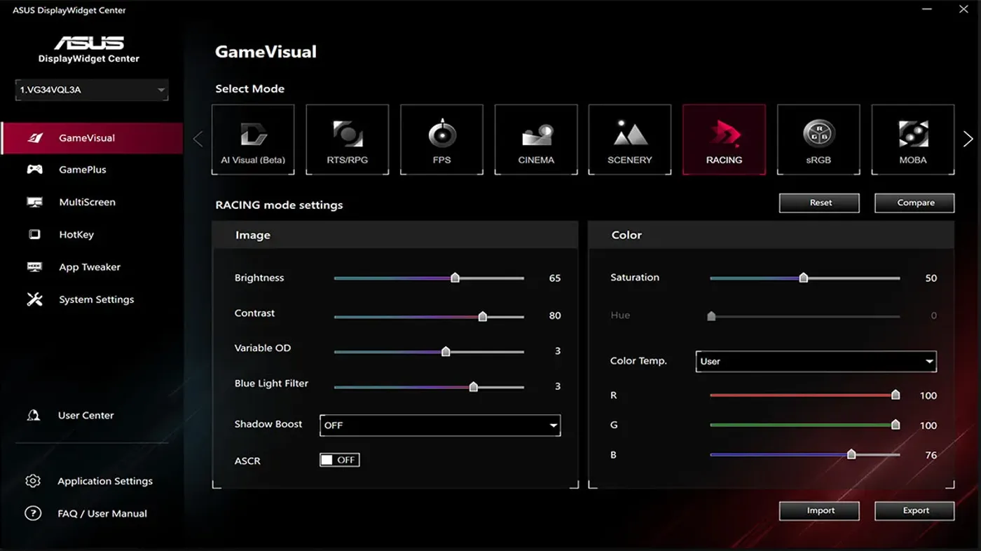 Screenshot of the new ASUS DisplayWidget Center UI showing system setting.