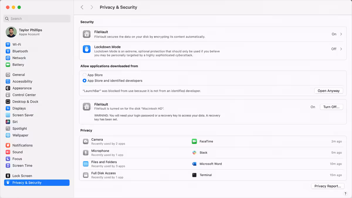 macOS Privacy & Security settings panel.