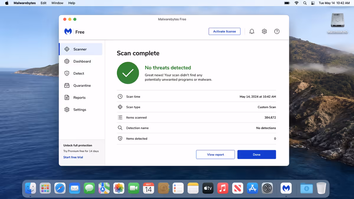 Malwarebytes Free scan completed.