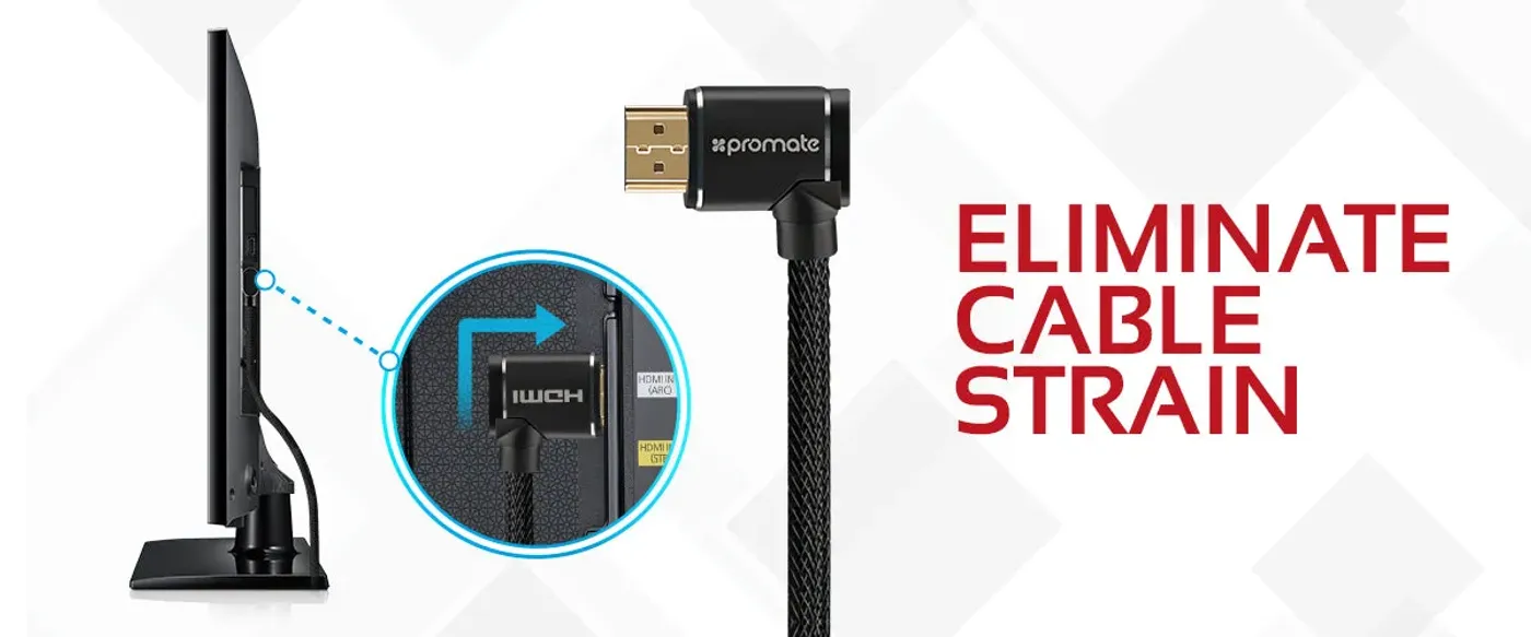 Right-angled HDMI cable fitting neatly behind wall-mounted devices