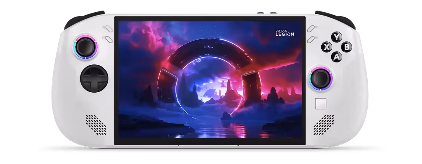 Front view of Lenovo Legion Go S Gen 1 (8") handheld gaming handheld displaying a sci-fi game on the screen.