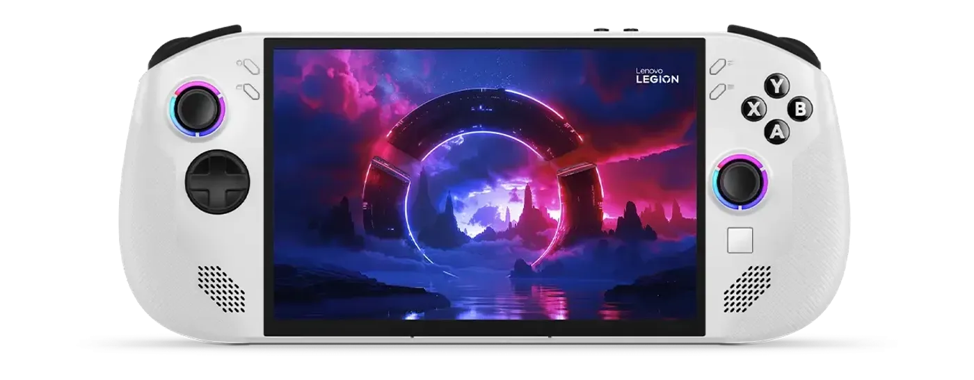Front view of Lenovo Legion Go S Gen 1 (8") handheld gaming handheld displaying a sci-fi game on the screen.