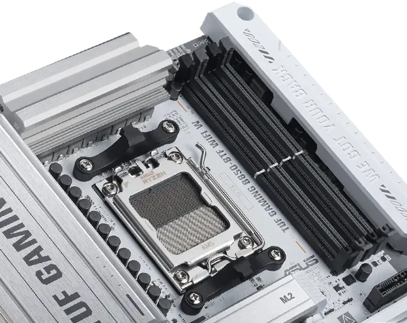 Close-up of B850-BTF WIFI W showing DDR5 memory slots with a label indicating support for DDR5 modules up to 8000+ MHz.