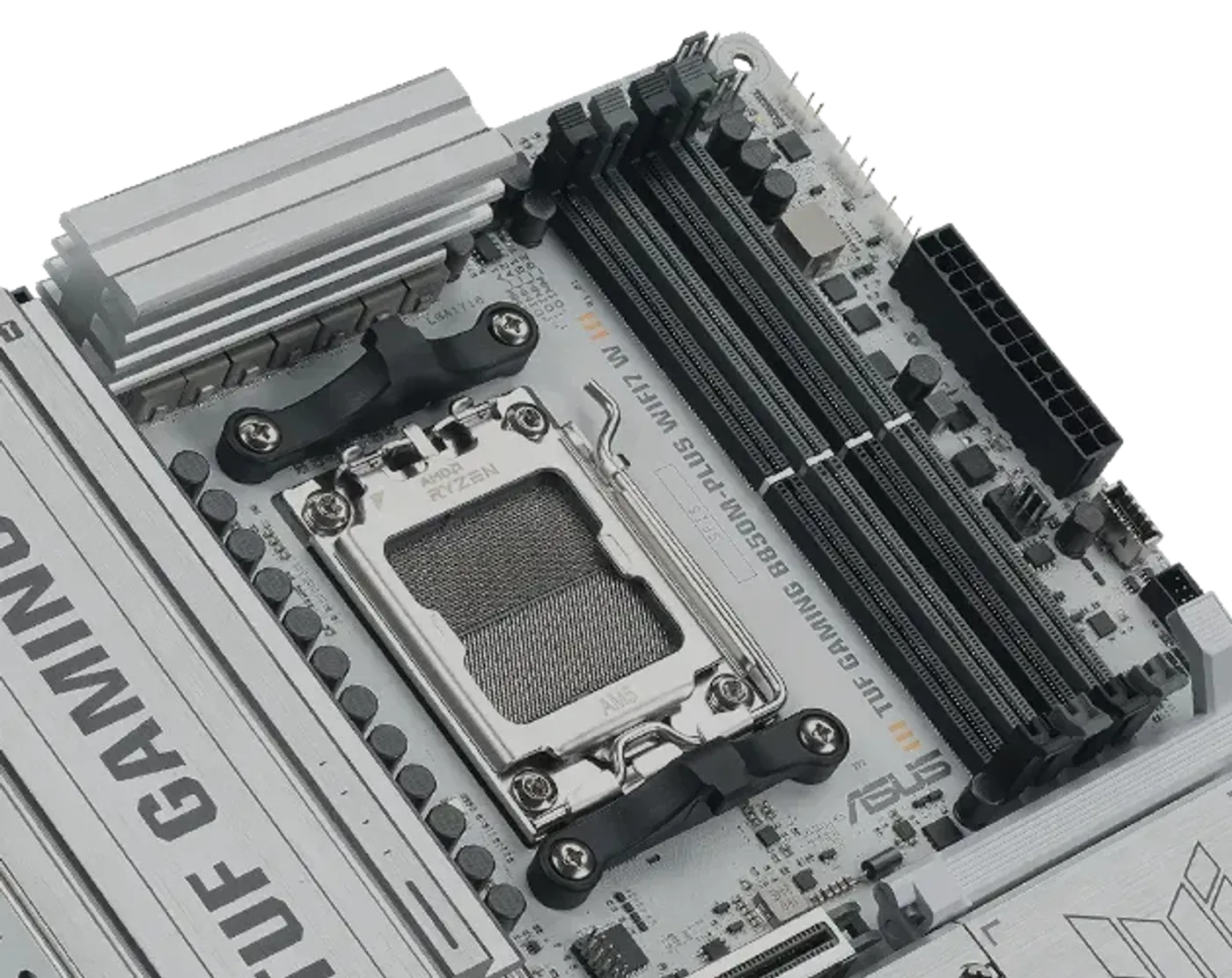 Close-up of TUF GAMING B850M-PLUS WIFI7 W showing DDR5 memory slots with a label indicating support for DDR5 modules up to 8000+ MT/s (OC).