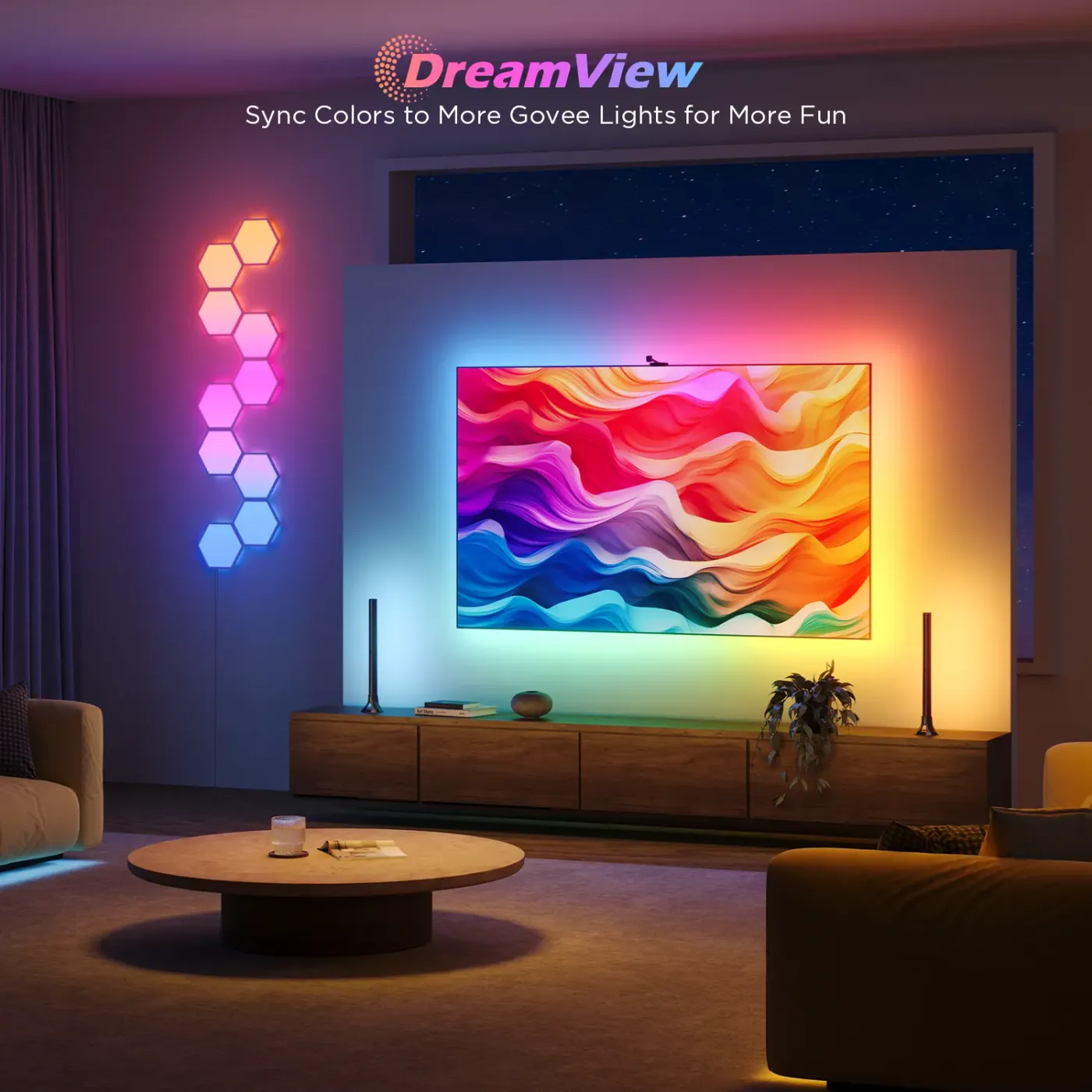 Segmented multi-colour lighting along the RGBICW backlight strip