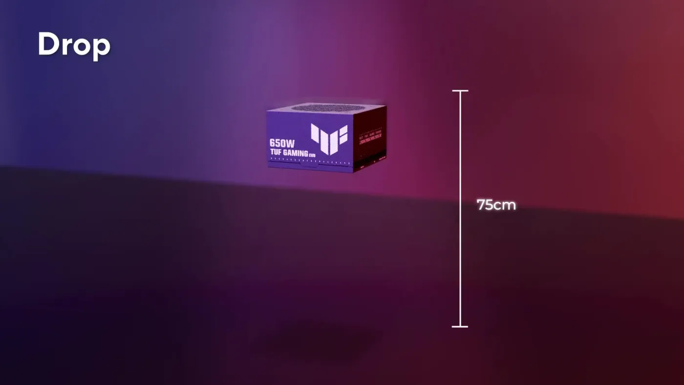 Drop-test poster image showing a PSU undergoing a 75cm drop resilience trial