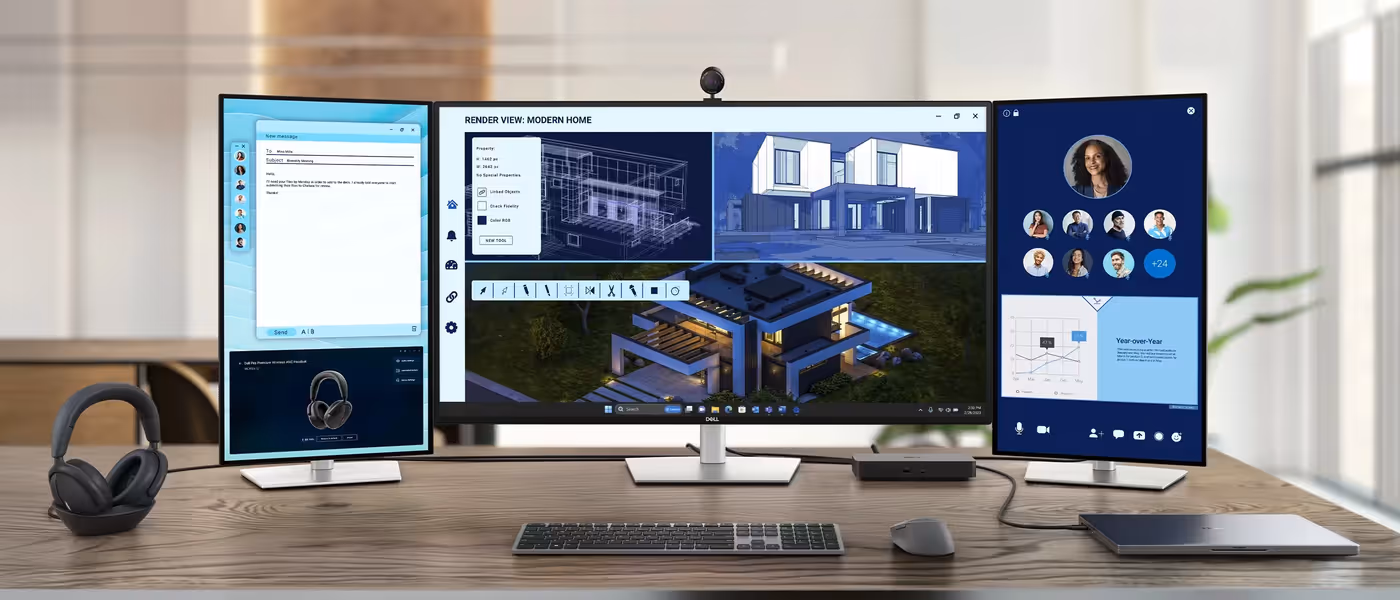 Three monitors on a desk, along with a Dell laptop, connected together by a Dell Pro Dock.
