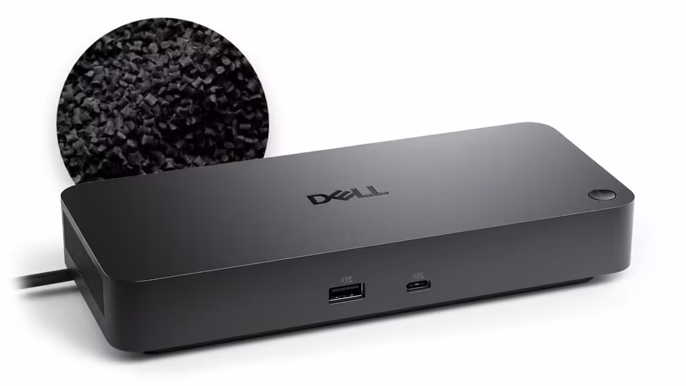 A Dell Pro Dock with a close-up image behind it, showing recycled plastic.