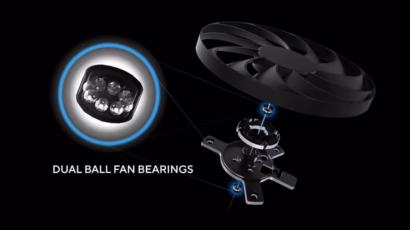 Exploded view of a graphics card fan showcasing dual ball bearings