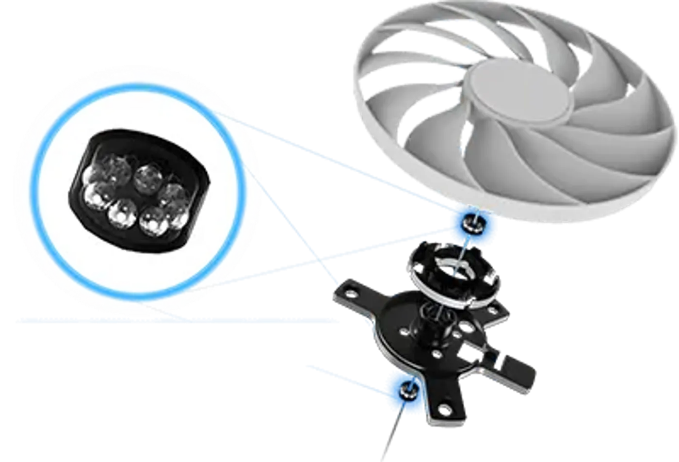 Exploded view of a graphics card fan showcasing dual ball fan bearings for enhanced durability and cooling performance.