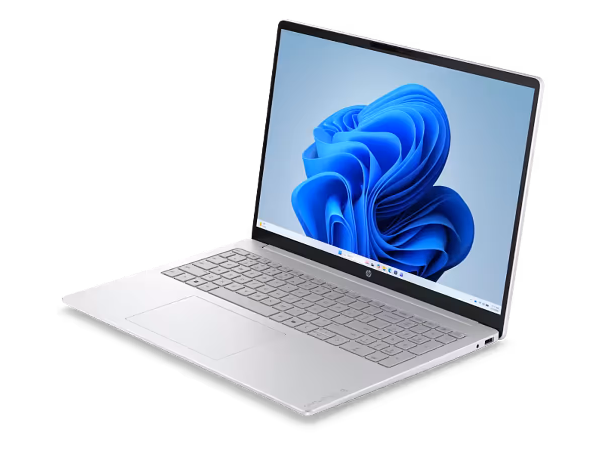 HP OmniBook 3 16 inch Laptop PC displayed in glacier silver and canvas gray facing left