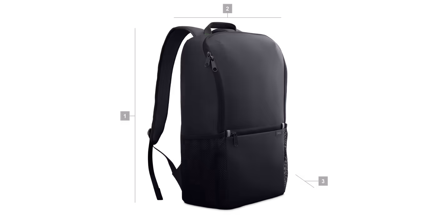 Diagram showing height width and depth dimensions of Dell EcoLoop Backpack CP3724