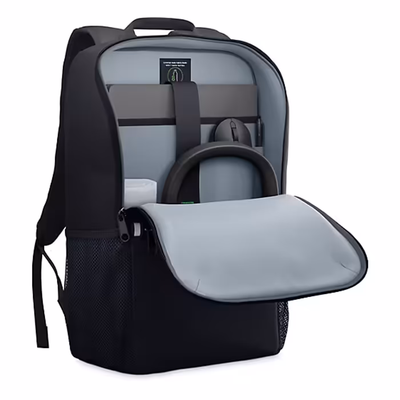 Open view of Dell EcoLoop Backpack showing internal storage capacity